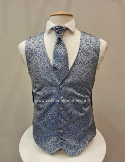 Gilet sur mesure et cravate, bleu motifs, pour mariage et cérémonie - réalisable dans 300 coloris - Caralys Nice - Alpes Maritimes (06)