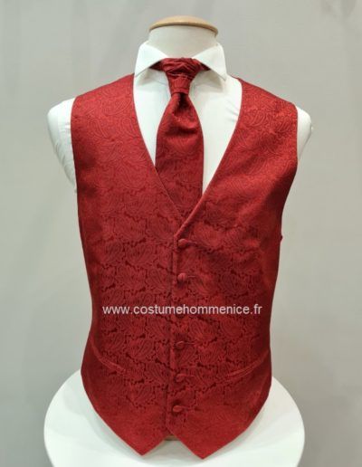 Gilet sur mesure et cravate, rouge motifs, pour mariage et cérémonie - réalisable dans 300 coloris - Caralys Nice - Alpes Maritimes (06)